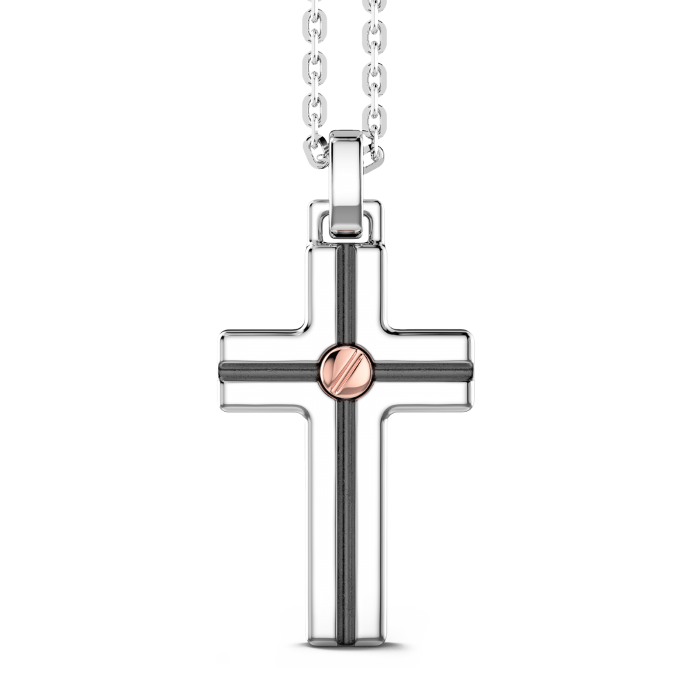 Collana Zancan in argento con pendente a croce e vite in oro rosa.
